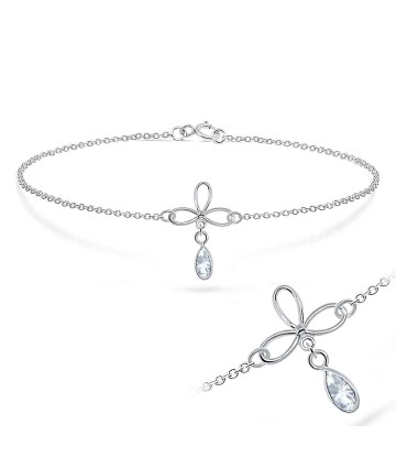 Flower and CZ Teardrop Shape Silver Bracelet BRS-219